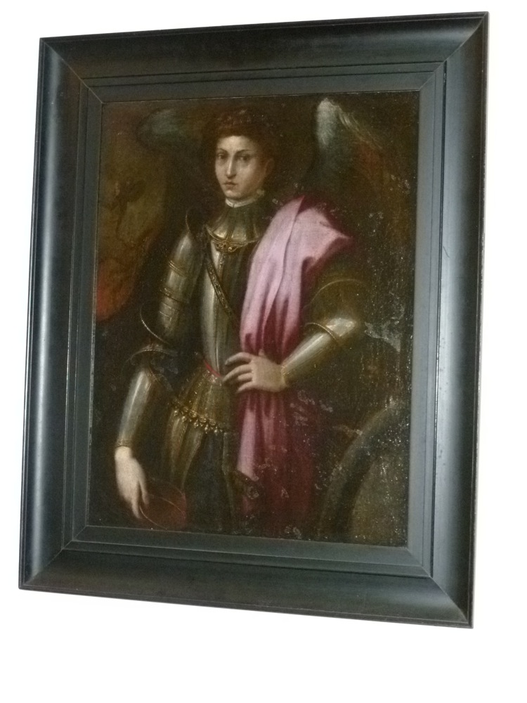 1550's Florentine school Old Master painting of Saint Michael in a suit of armor possibly Ugolino Martelli